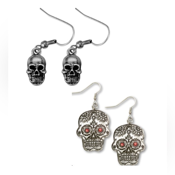 Spirit Jewelry - Lot of 2x [Spirit] & [Real Metal] Skull Gothic Drop Dangle Silver Earrings